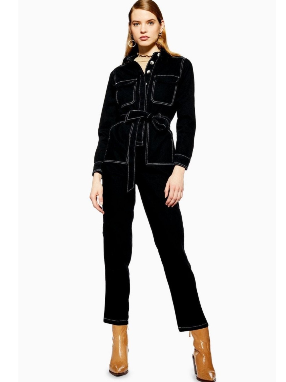 Topshop Black Denim Boiler Jumpsuit with Contrast Stitching Size 12